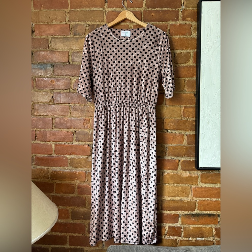 Pink Polka Dot Velvet Midi Dress